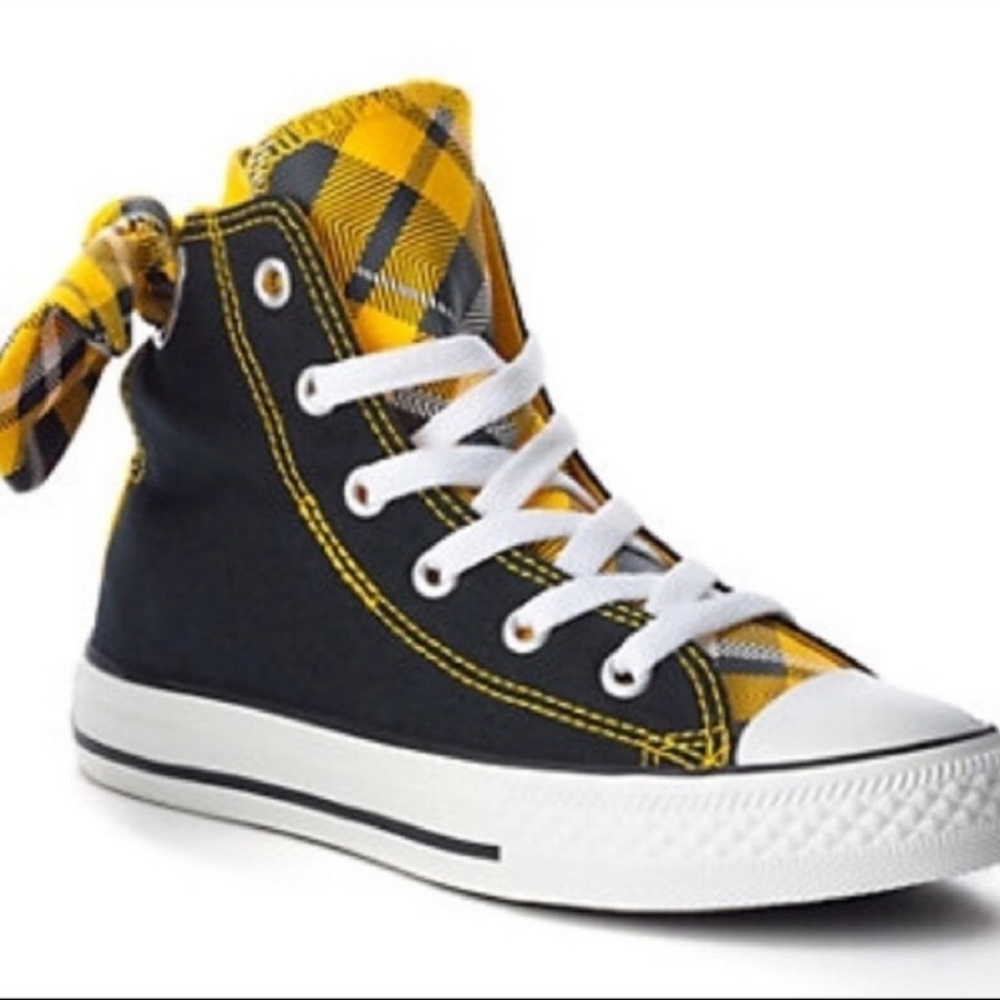 Converse All Star Black Yellow Plaid Bow High Top Sneakers Litte Girl Size 11